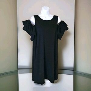 Just Be Dress L Black Cold Shoulder Ruffled Arm Spandex Casual Travel Resort